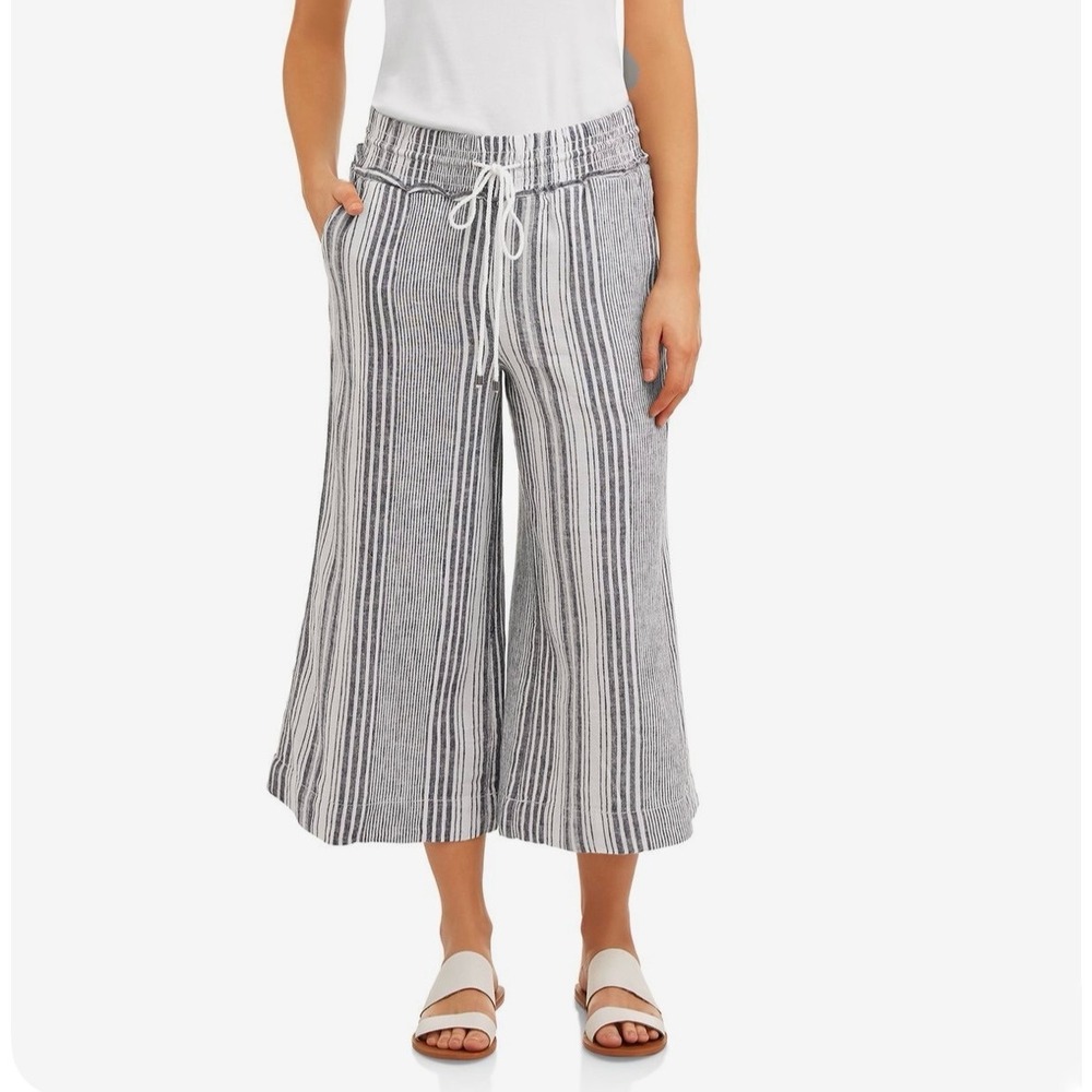 Beachy Linen Blend Wide Leg Pull On Crop Pants L 12 Blue Stripe Pockets Culottes